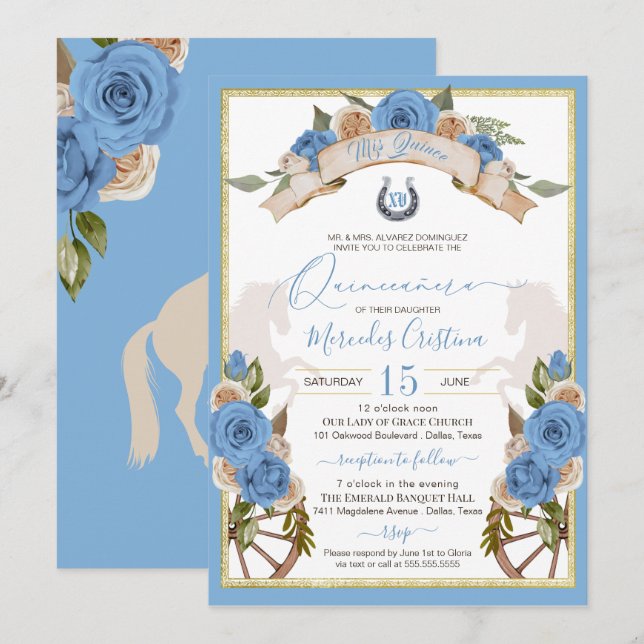 Western Charro Light Blue Horses Quinceanera Invitation (Front/Back)