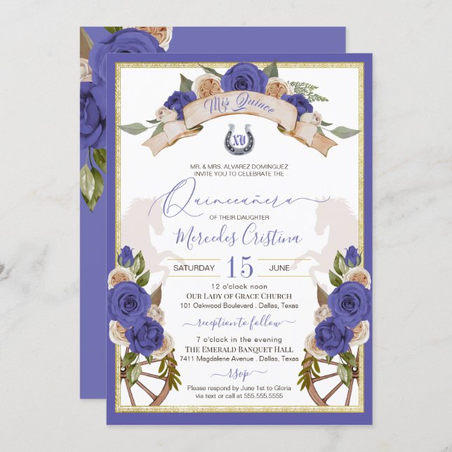 Western Charro Periwinkle Blue Horses Quinceanera Invitation (Front/Back)
