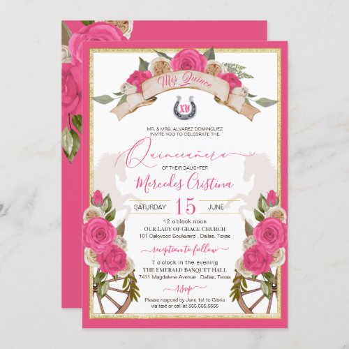 Western Charro Pink Roses Horse Quinceaera Invitation