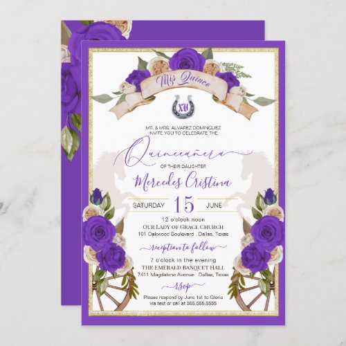 Western Charro Purple Roses Horses Quinceanera Invitation