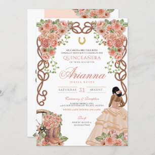 Western Charro Quinceañera Rose Gold Blush Floral Invitation