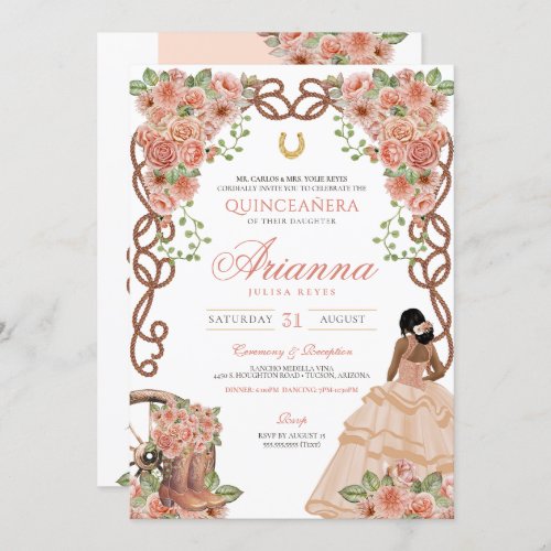 Western Charro Quinceaera Rose Gold Blush Floral Invitation