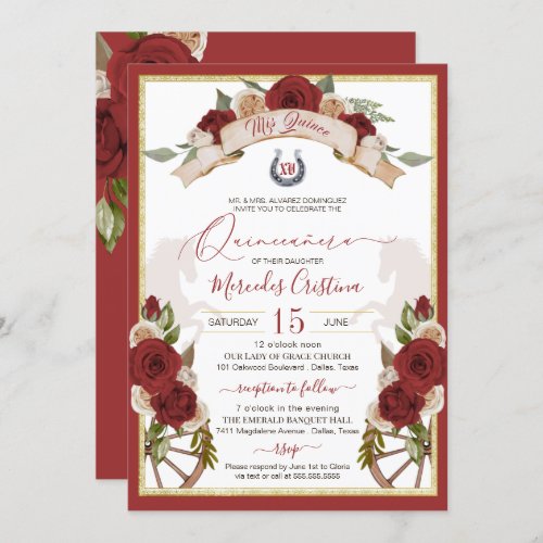 Western Charro Red Roses Floral Horses Quinceanera Invitation