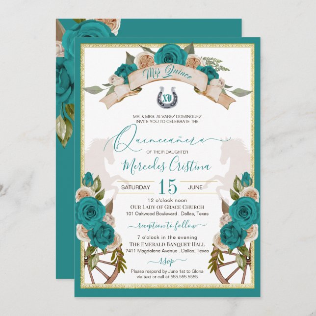 Western Charro Turquoise Teal Roses Quinceanera Invitation (Front/Back)