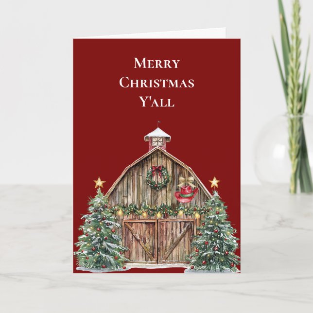 Western Christmas Barn Trees Card (Front)