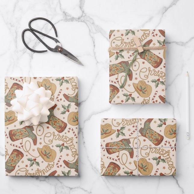 Western Christmas Boots and Hats Pattern Wrapping Paper Sheets (Front)