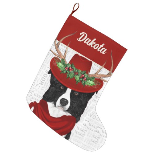Western Christmas Border Collie with Dogs Name Large Christmas Stocking