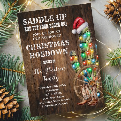 Western Christmas Country Boots Cactus Party Invitation