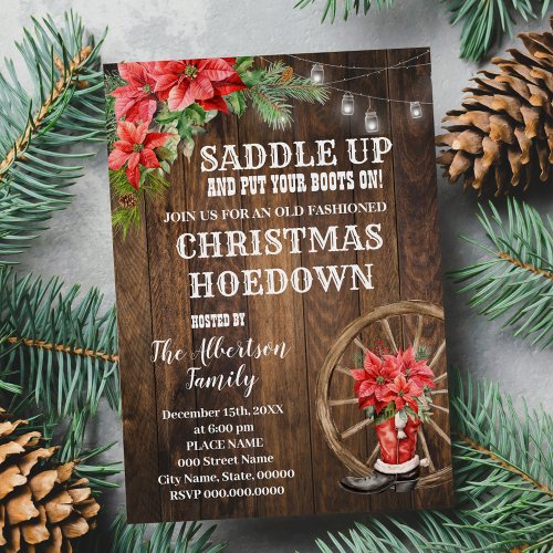 Western Christmas Country Boots Poinsettia Party Invitation