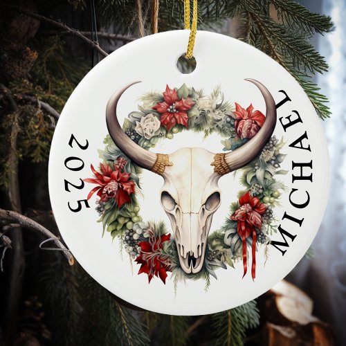 Western Christmas Cow Skull Monogram  Ceramic Ornament