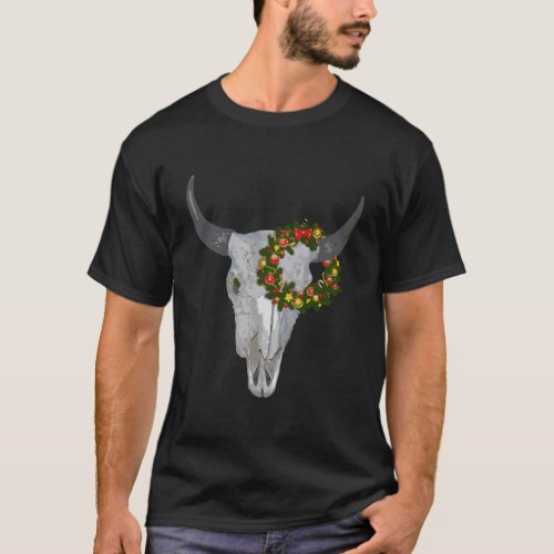 Western Christmas Cow Skull With A Wreath Design T_Shirt