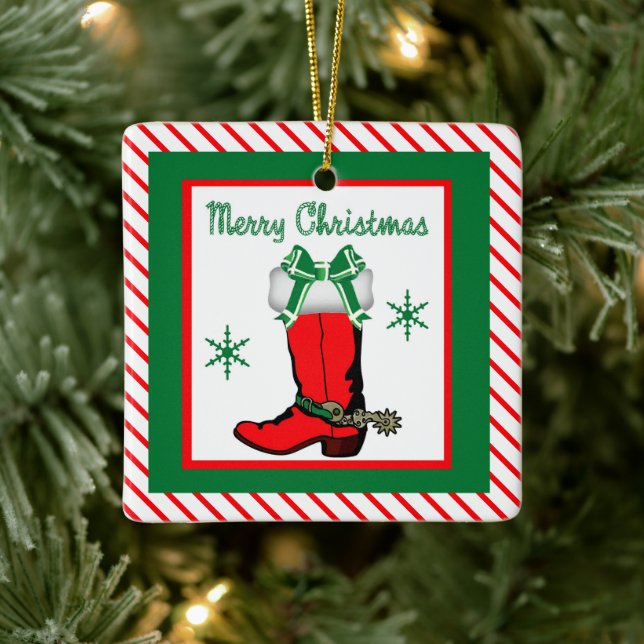 Western Christmas Cowboy Boot Ceramic Ornament (Tree)