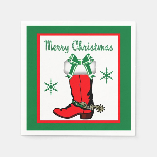 Western Christmas Cowboy Boot Merry Christmas Paper Napkins (Front)