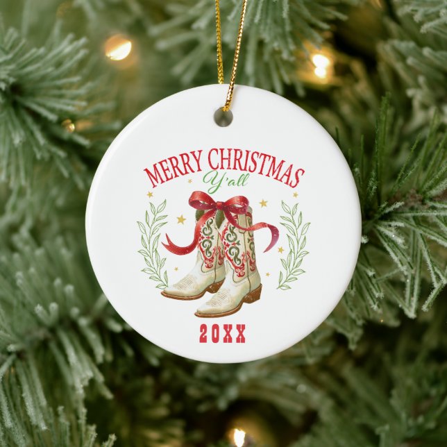 Western Christmas Cowboy Boots Ceramic Ornament (Tree)