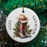 Western Christmas Cowboy Boots Hat Name Ceramic Ornament<br><div class="desc">This design may be personalized by choosing the Edit Design option. You may also transfer onto other items. Contact me at colorflowcreations@gmail.com or use the chat option at the top of the page if you wish to have this design on another product or need assistance with this design. See more...</div>