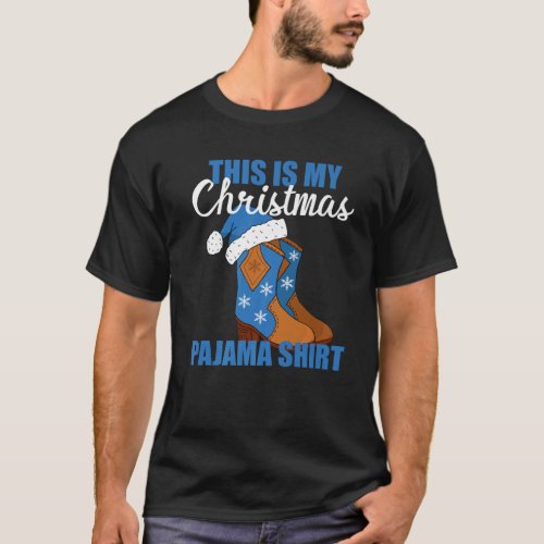 Western Christmas Cowboy Boots Santa Hat Pajama T_Shirt