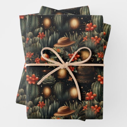 Western Christmas Cowboy Cactus Moody Wrapping Paper Sheets
