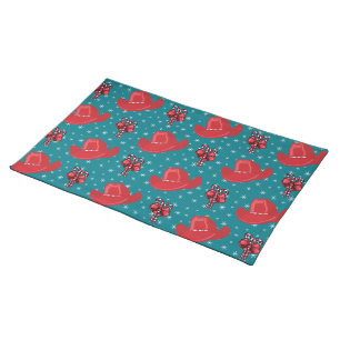Western Christmas Cowboy Hats And Candy Canes Cloth Placemat