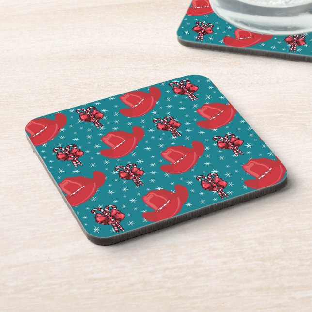 Western Christmas Cowboy Hats And Candy Canes Drink Coaster (Left Side)