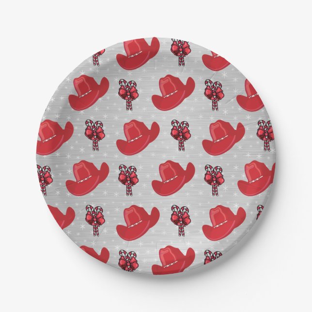 Western Christmas Cowboy Hats And candy Canes Paper Plates (Front)