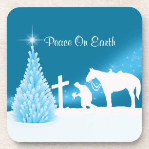 Western Christmas Cowboy Praying Winter Snow Scene Coaster