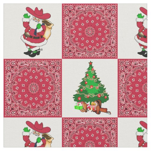 Western Christmas Cowboy Santa and Red Bandana Fabric