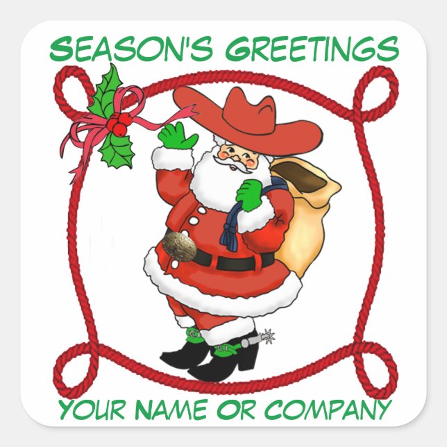 Western Christmas Cowboy Santa Customizable Square Sticker (Front)