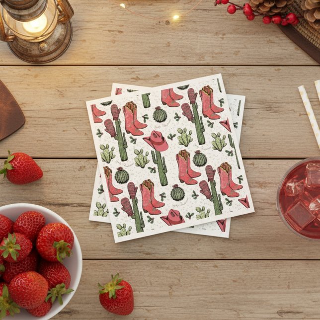 Western Christmas Cowgirl Boots Howdy Christmas Napkins (Western Howdy Christmas White Paper Napkins. Pink & Red Xmas Cowgirl Boots, Succulents, Cacti)