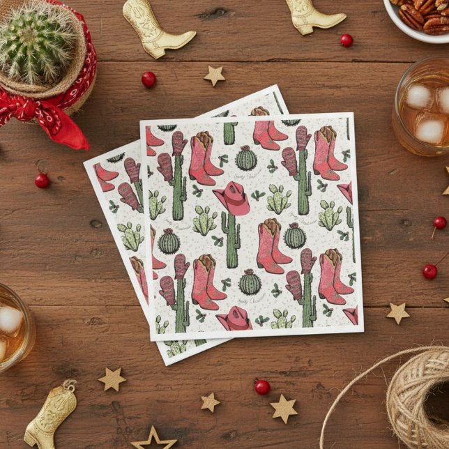 Western Christmas Cowgirl Boots Howdy Christmas Napkins (Western Howdy Christmas Ivory Paper Napkins. Pink & Red Xmas Cowgirl Boots, Succulents, Cacti)