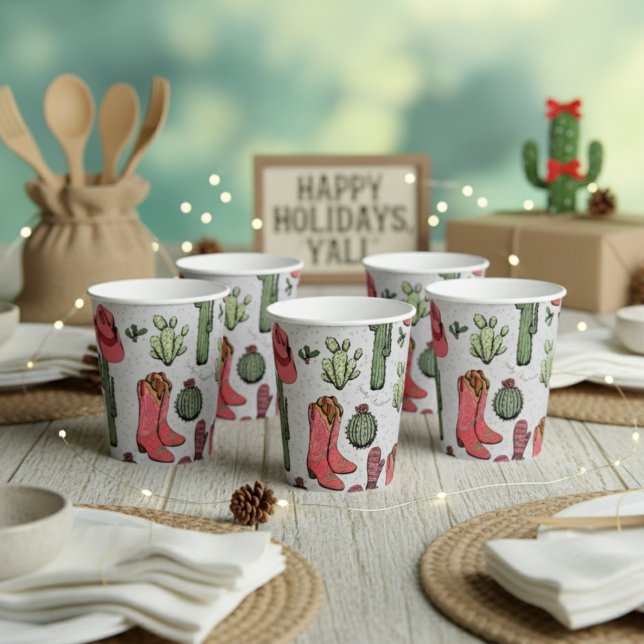 Western Christmas Cowgirl Boots Howdy Christmas Paper Cups (Country Christmas Party Paper Cups. Cute Howdy Christmas Pink & Red Cowgirl Boots, Cacti, Succulents)