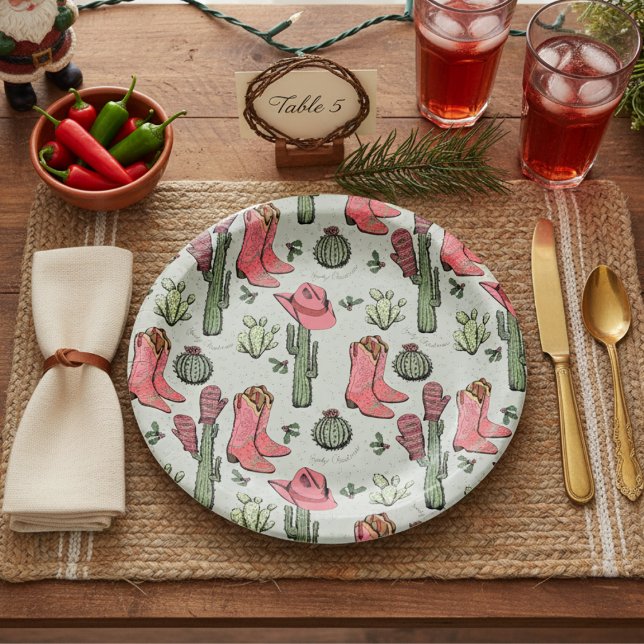 Western Christmas Cowgirl Boots Howdy Christmas Paper Plates (Sage Country Christmas Paper Plates Western Howdy Christmas Cowgirl Boots, Hat, Cacti Holly Berries)