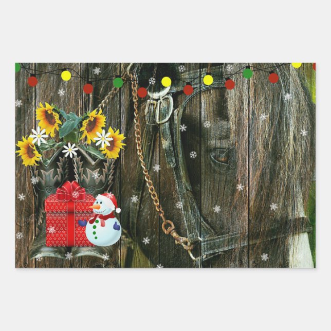 Western Christmas Frosty the Snowman And Horse Wrapping Paper Sheets (Front)