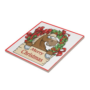 Western Christmas Horse With Wreath Sign Ceramic Tile