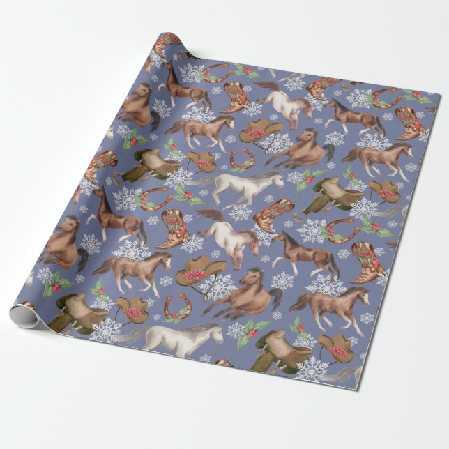 Western Christmas Horses Wrapping Paper (Unrolled)