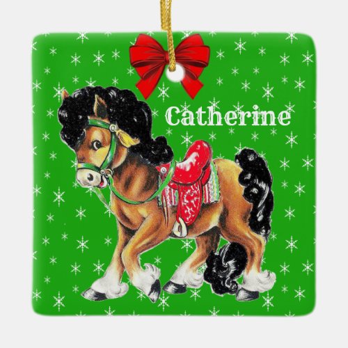 Western Christmas Little Horse Pony With Saddle Ceramic Ornament