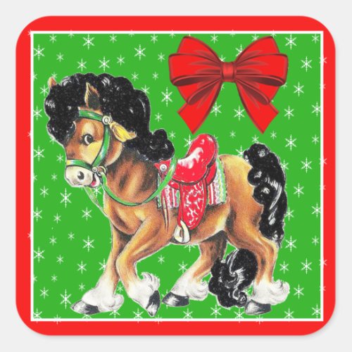Western Christmas Little Horse Pony With Saddle Square Sticker