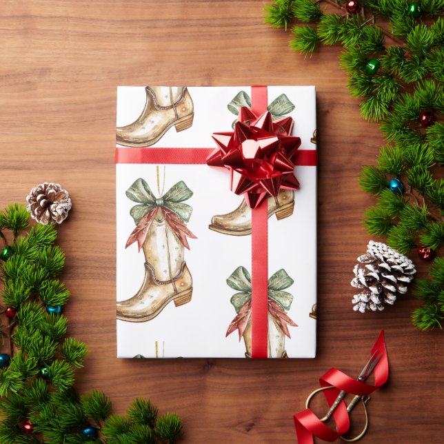 Western Christmas Red Cowboy Cowgirl Boot Wrapping Paper (Holiday Gift)