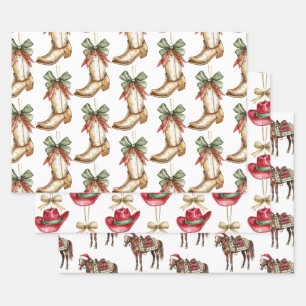 Western Christmas Red Cowboy Cowgirl Boot Wrapping Paper Sheets