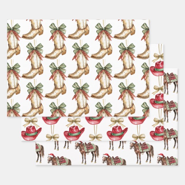 Western Christmas Red Cowboy Cowgirl Boot Wrapping Paper Sheets (Set)
