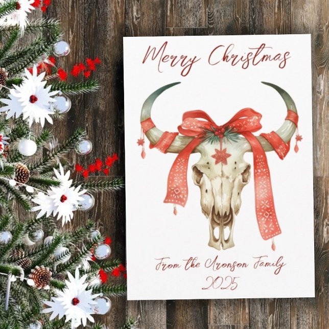 Western Christmas Red Ribbon Cattle Skull Holiday Card (Creator Uploaded)
