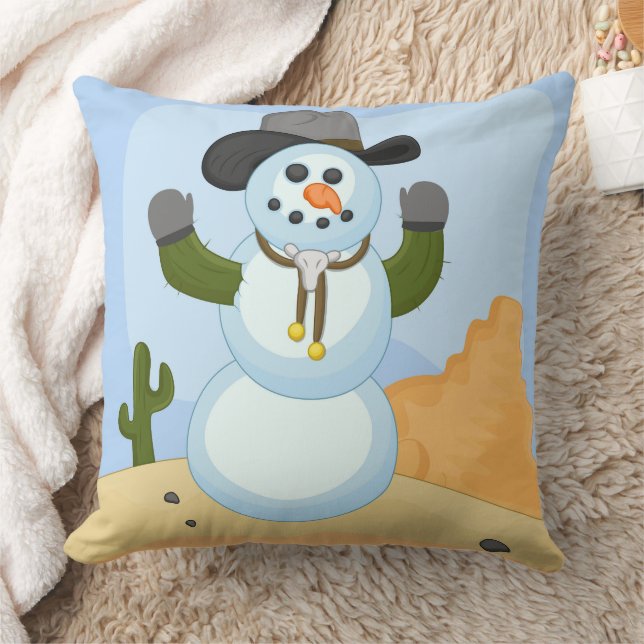 Western Christmas Snowman with Hat  Throw Pillow (Blanket)