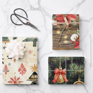 Western Christmas Tree Branches Poinsettia Floral Wrapping Paper Sheets