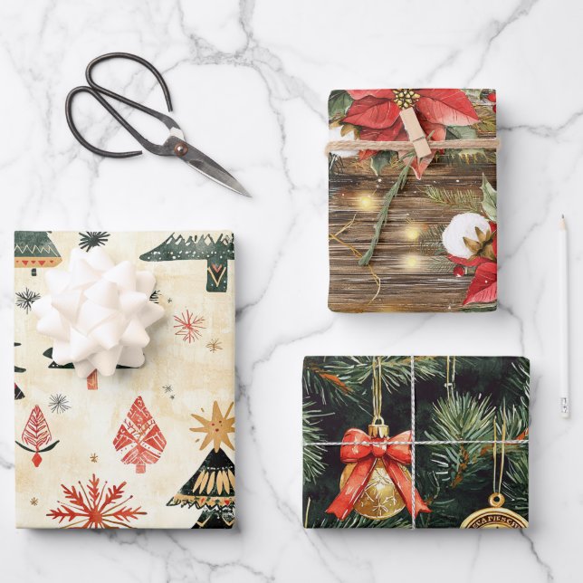 Western Christmas Tree Branches Poinsettia Floral Wrapping Paper Sheets (Front)