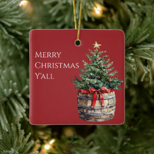 Western Christmas Tree in Barrel Ceramic Ornament
