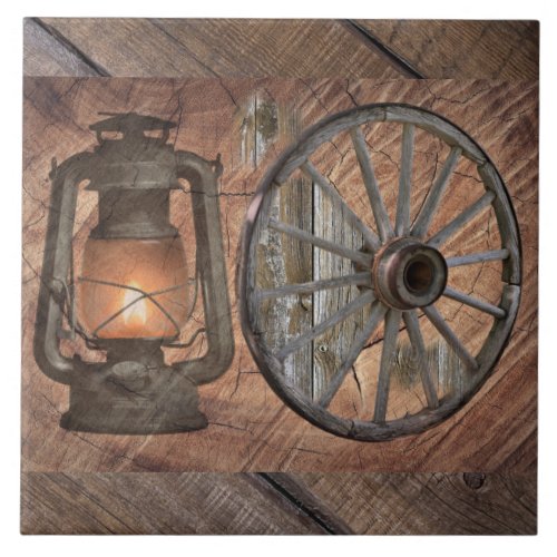 Western Coal Oil Lamp And Wagon Wheel Ceramic Tile