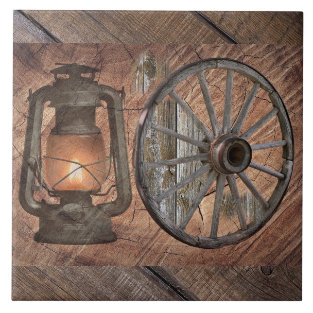 Western Coal Oil Lamp And Wagon Wheel Ceramic Tile (Front)