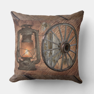 Western Coal Oil Lamp And Wagon Wheel Throw Pillow