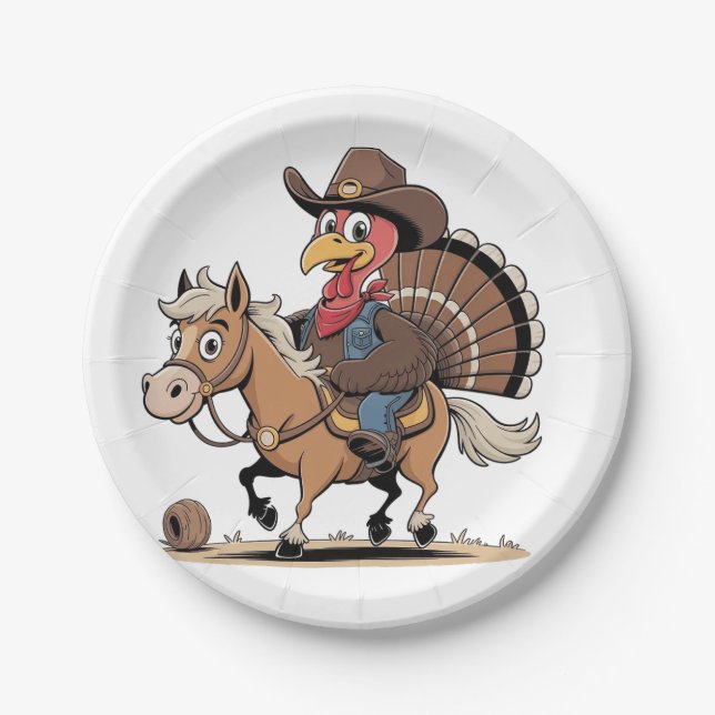 Western Cooked Turkey Thanksgiving Cowboy Cowgirl  Paper Plates (Front)