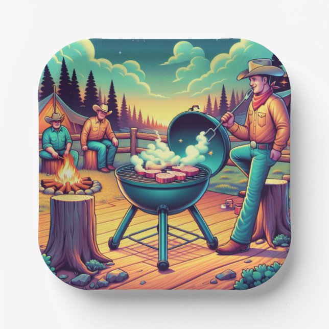 Western Cookout Cowboys Grilling Party Paper Plates (Front)