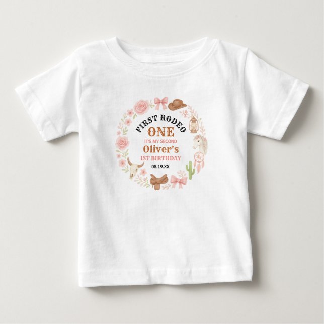 Western Coquette Cowgirl 1st Birthday Cute Pink Baby T-Shirt (Front)